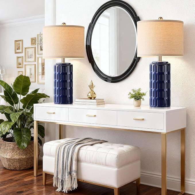 23" Farmhouse Modern Ceramic Table Lamp Set of 2 - Navy Blue Bedside Lamps for Bedroom & Living Room, Nightstand, Desk, End Table - Image 6