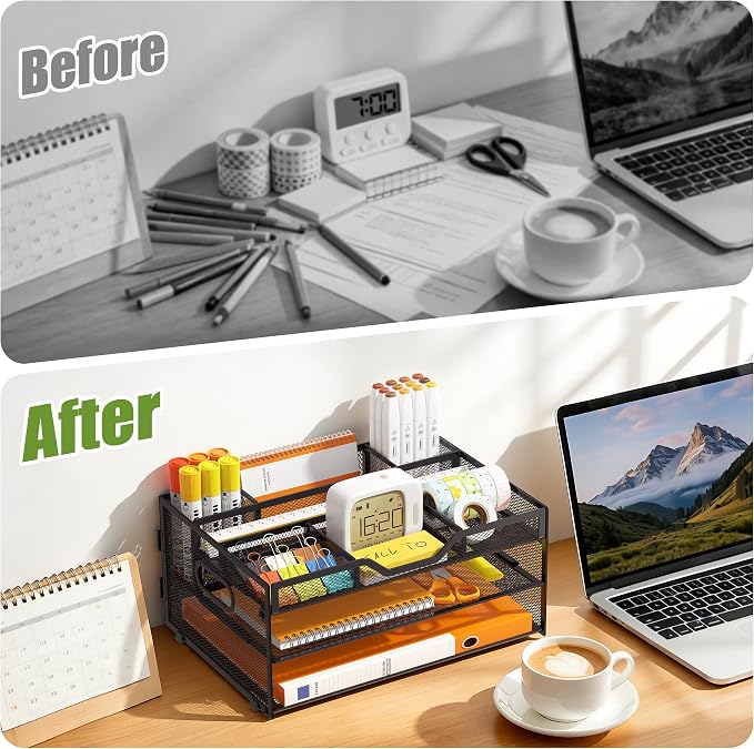 3 Tier Metal Desk Organizer with Magazine File Holder, Black | Space saving workspace desk file trays. Includes pencil holder and portable handles. Ideal for school and office supplies - Image 4