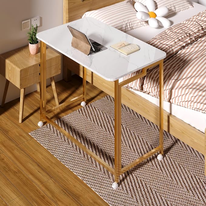 4NM 31.5" Mobile Small Rolling Computer Desk, Folding Laptop Cart Table with Wheels, Portable Office Desk for Small Space Couch Bed - White and Golden - Image 2