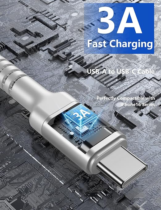 USB A to USB C Cable Fast Charging [2 Pack, 6FT] USB to USB C Charger Cable | Upgraded Extra Durable Braided USBC Cable Compatible with iPhone 17 16 15 Pro Max, Samsung Galaxy S26 and More -Silver - Image 3