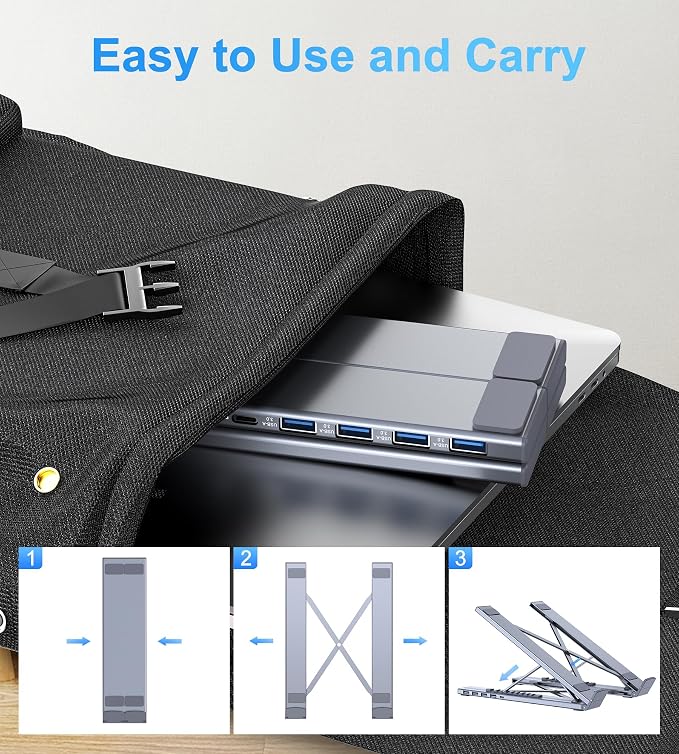 M61 USB C to USB Hub Portable Laptop Stand, Aluminum 4 Ports USB3.0 Multiport Adapter Adjustable Laptop Docking Station Stand Compatible with MacBook Pro/Air, Chromebook, Keyboard, Mouse, HDD - Image 4