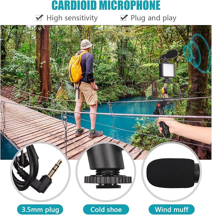 Mini Smartphone Vlog Kit with LED Video Light, Cardioid Microphone, Extendable Phone Clip, Adjustable Brightness Tripod for Live Streaming, Vlogging, Video Conferencing & Selfies - Image 5