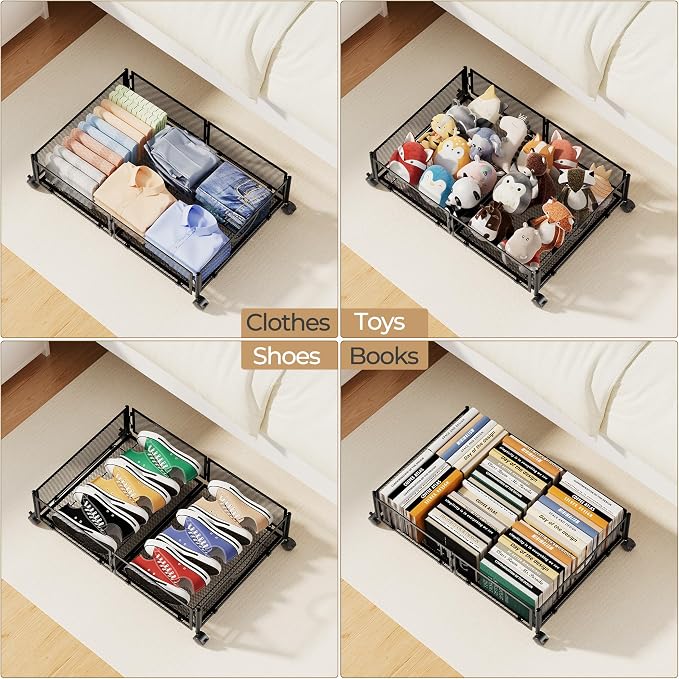 Yecaye Under Bed Storage with Wheels, 2 Pack Under Bed Shoe Storage, Black | Sturdy All-Metal Frame, Foldable, 360° Rolling Wheels, Tool-free Assembly, Underbed Storage Drawers for Shoes, Toys, Clothes - Image 7