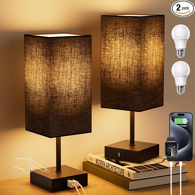 Touch Bedside Table Lamp for Bedroom, 14-Inch, Black, Set of 2 | USB A+C Ports, Touch 3-Way Dimmable LED Bulb Included Fabric Lampshade Metal Base Small Nightstand Lamp for Desk Living Room by Sailstar
