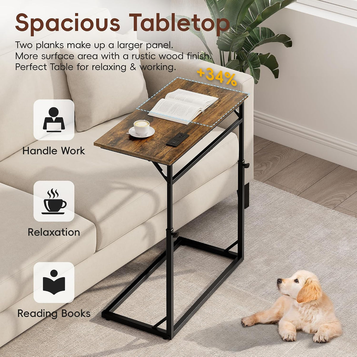 C Shaped End Table with Charging Station, Large C-Table End Table Adjustable Height Side Table for Couch, Couch Table Slide Under Sofa Table TV Tray Table for Sofa, Living Room, Bedroom,Brown - Image 6