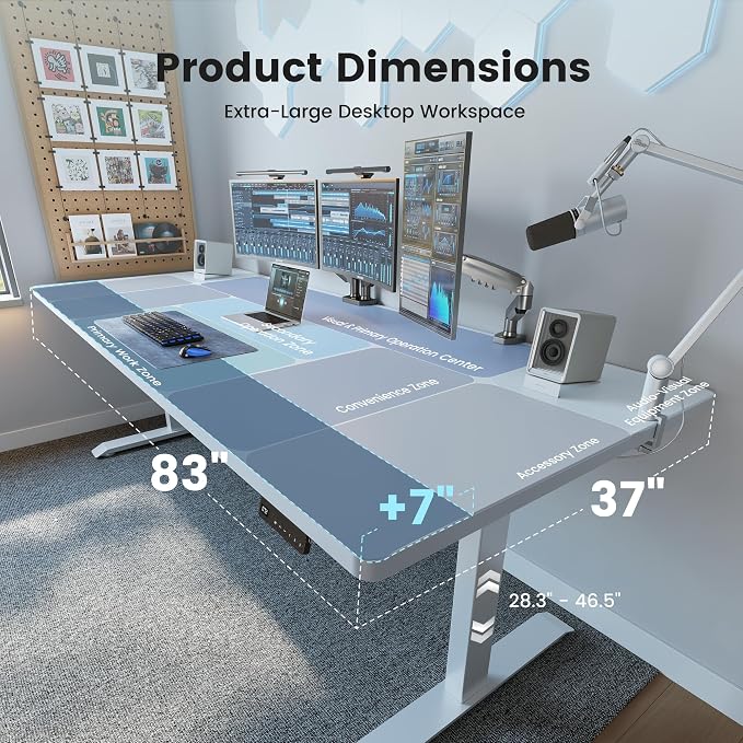 FEZIBO Standing Desk 83 × 37 Inch Electric Height Adjustable, White | 1" Thick Large Adjustable Desk with Integrated Dual-Beam, Cable Management, Computer Desk for Home Office Workstation - Image 3