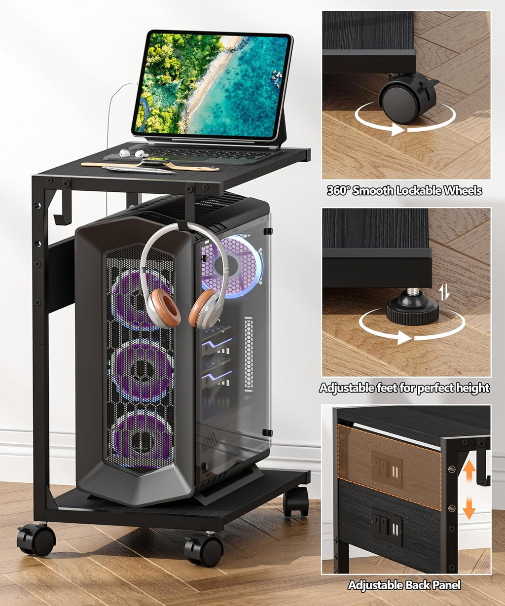2 Tier Computer Tower Stand with Charging Station, 11.8" D x 16.5" W Rolling Floor PC Tower Stand Fits Under Desk, CPU Holder Cart for Carpet with Hooks, Home Office - Image 6