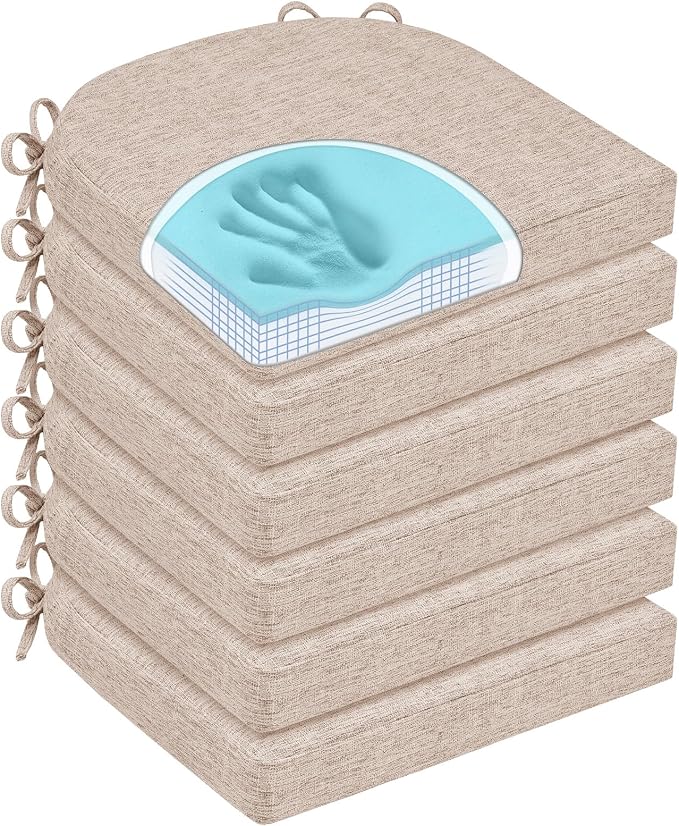 Chair Cushions for Dining Chairs, Non Slip Chair Pads with Ties and Washable Covers, Memory Foam Kitchen Chair Cushions Set of 6, 16"X16"X2.5", Oatmeal Beige by HOMELYSIAN
