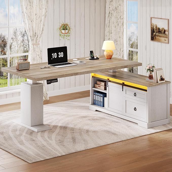 YITAHOME L Shaped Standing Desk with Power Outlets & LED Lights | 63" Farmhouse Electric Standing Desk Adjustable Height Sit Stand Corner Stand Desks with Drawers & Sliding Door, Grey Wash - Image 3