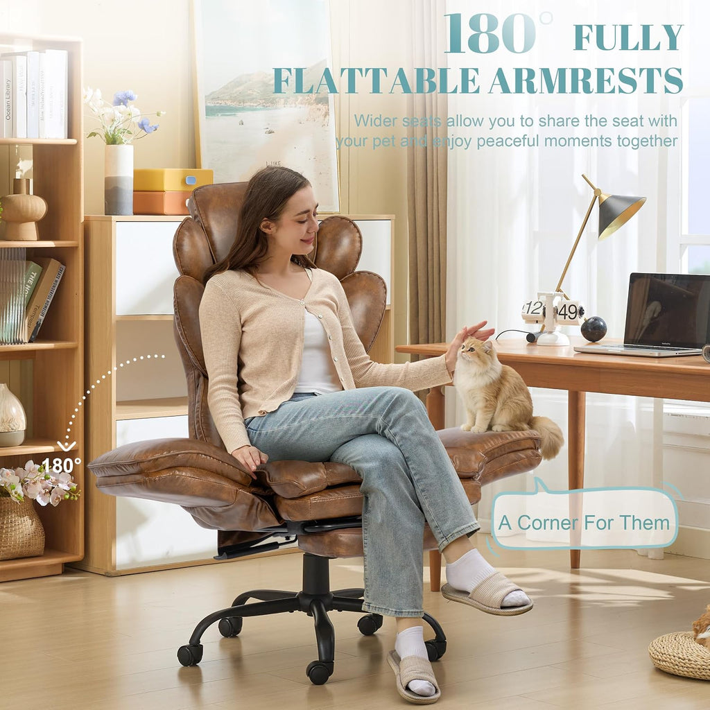 Flip Armrests Criss Cross Office Chair, Reclining Office Chair with Foot Rest, Adjustable Headrest, Massage Waist Pillow, Cross Legged Big and Tall Desk Chair Wide Seat Vanity Chair, Brown PU Leather - Image 3