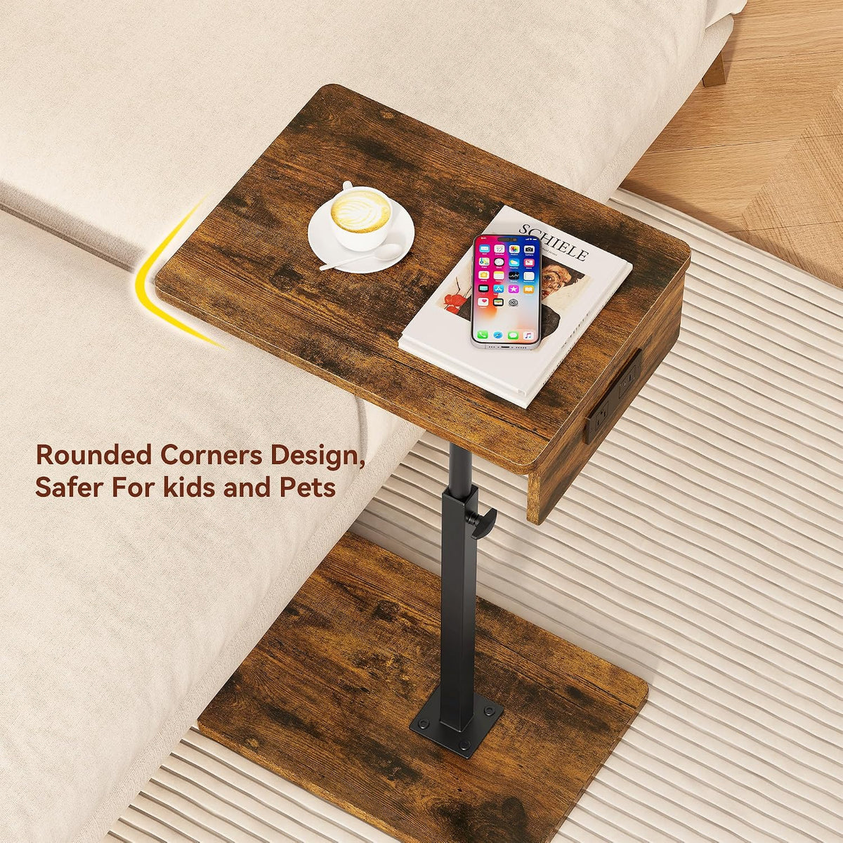 C Shaped End Table with Charging Station, Adjustable Height C Table End Table, 360°Swivel TV Tray Table for Small Spaces, Rounded Corners Couch Table, Side Tables Living Room for Sofa,Chair,Snack,Bed - Image 4