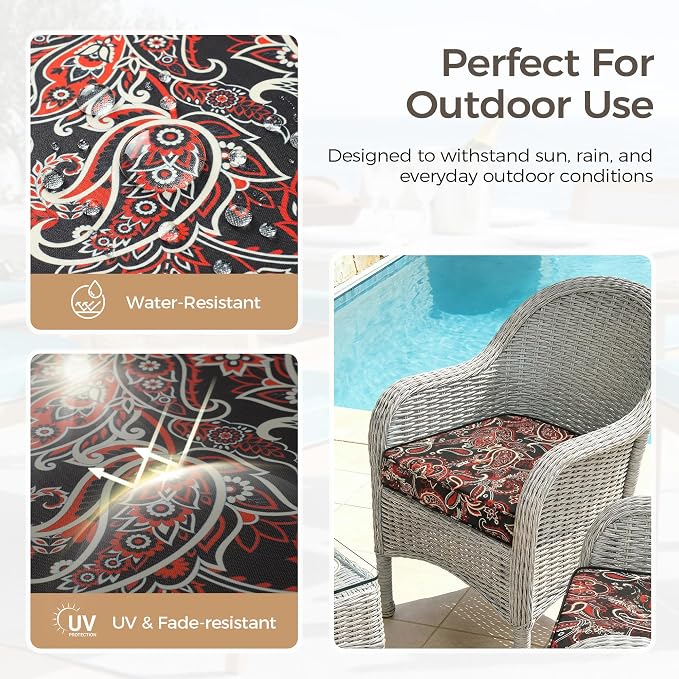 UNIKOME Outdoor Chair Cushions Set of 4, Water Resistant Patio Seat Cushions with Ties for Outdoor Furniture, High-Density Foam, UV & Fade Resistant, Piped Edge – 18.5" x 16" x 3", Red Paisley Floral - Image 3