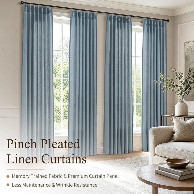 Hokibero Blue Pinch Pleated Linen Curtains 90 Inch Long for Living Room | Light Filtering Sheer Curtain,Pinch Pleat Back Tab Hooks Rings,Farmhouse Textured Privacy Drapes for Bedroom Window,2 Panels - Image 2