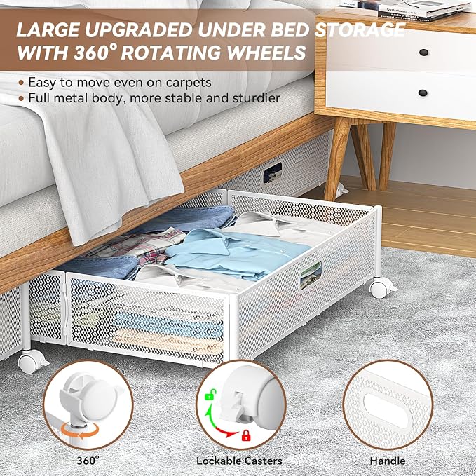 PHINOX Under Bed Storage with Wheels & Handle,Metal,Large,4 Pack,White | Tool-free assembly,glide smoothly,easy reach,foldable,maxmazie low-profile beds,dorm,keep seasonal clothes,shoes,sockes fresh - Image 3