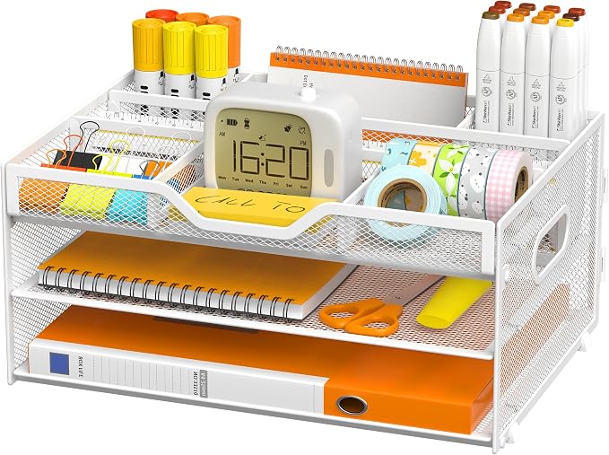 3 Tier Metal Desk Organizer with Magazine File Holder, White | Space saving workspace desk file trays. Includes pencil holder and portable handles. Ideal for school and office supplies by Unknown