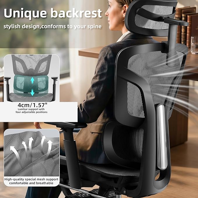Ergonomic Office Chair with Footrest 4-Level Adjustable Lumbar Suppor | Big and Tall Office Chair t - 155° Tilt Lock and Wide Cushion - 3D Headrest & Armrests, High Back Home Desk Chair - Image 3