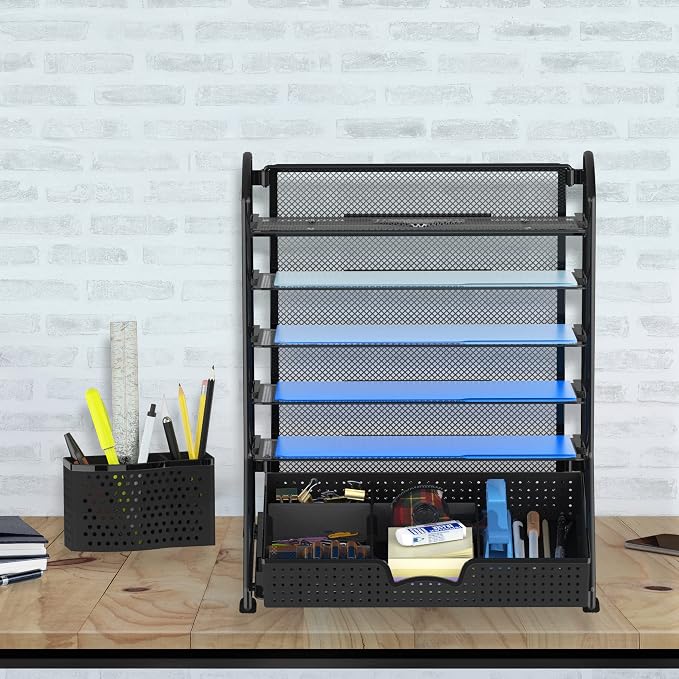 Simple Houseware 6-Tier Desk File Organizer w/Drawer & Pen Holder, Black | 5 Tilted Letter Trays for A4 Paper, Mail and Documents - Image 9