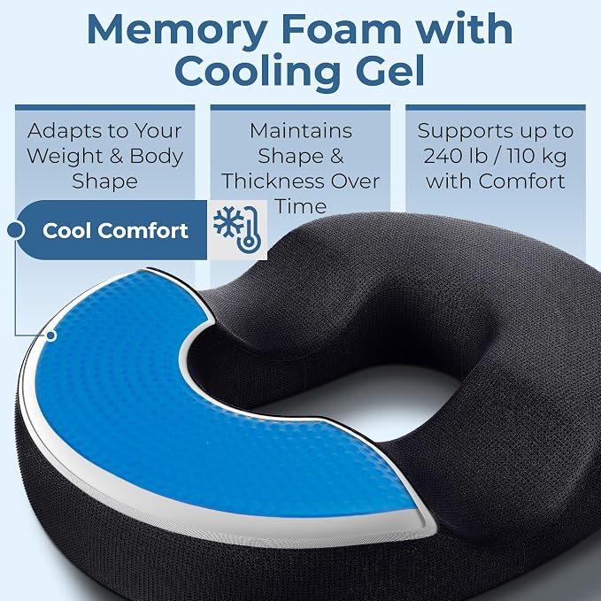 5 STARS UNITED Donut Pillow for Tailbone Pain & Hemorrhoids – Large Memory Foam Seat Cushion with Cooling Gel Layer for Bed Sore-Prone Areas & Pressure Relief – Black Mesh Cover - Image 5