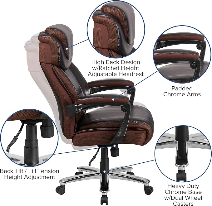 Flash Furniture Big and Tall Office Chair - Brown LeatherSoft Executive Swivel Office Chair with Headrest and Wheels | 500 LB Capacity, Padded Armrests, 360° Swivel, Height Adjustable, Commercial Grade - Image 4