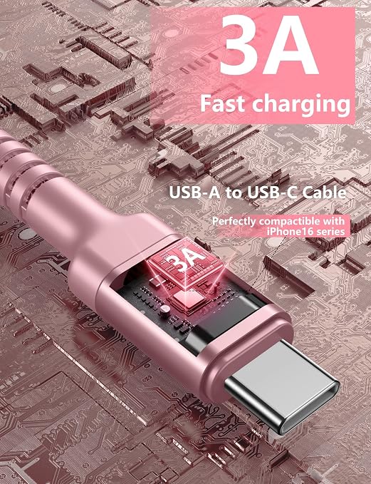 USB A to USB C Cable Fast Charging 3FT, 2Pack USB to USB C Charger Cord | Upgraded Extra Durable Braided USBC Cable Compatible with iPhone 17 16 15 Pro Max,Samsung Galaxy S10 S9 Plus and More -Pink - Image 3