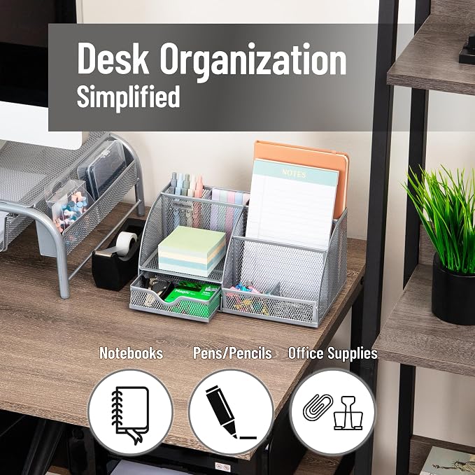 Mind Reader 7-Compartment Desktop Organizer, Metal Mesh Desk Organizer for Pens, Sticky Notes, Mail and Office Supplies, Silver - Image 2