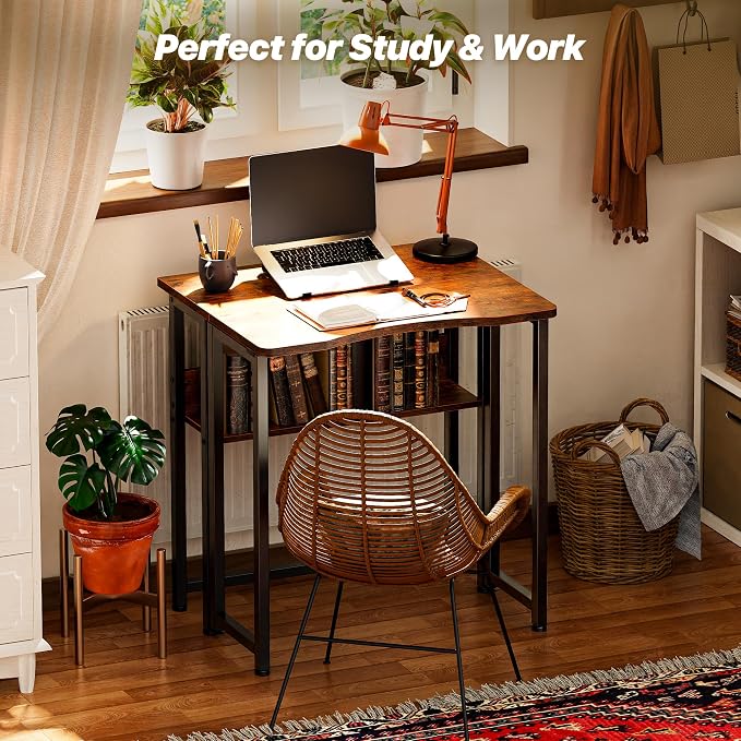Huuger Folding Desk with Storage Shelf, 23.6 Inch Foldable Computer Table | Writing Work Office Computer Desk for Small Spaces, Space Saving Sofa Table for Couch, Easy to Fold, Rustic Brown - Image 8