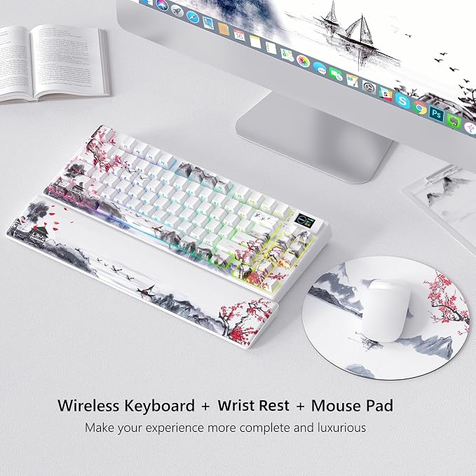 Womier 75% Wireless Mechanical Keyboard with Color Multimedia Screen | Gaming Creamy Keyboard, Theme 3-Modes Hot Swappable Key board w/Wrist Rest,SK80 PRO Gasket RGB Custom for Mac/Win,Red Plum - Image 2