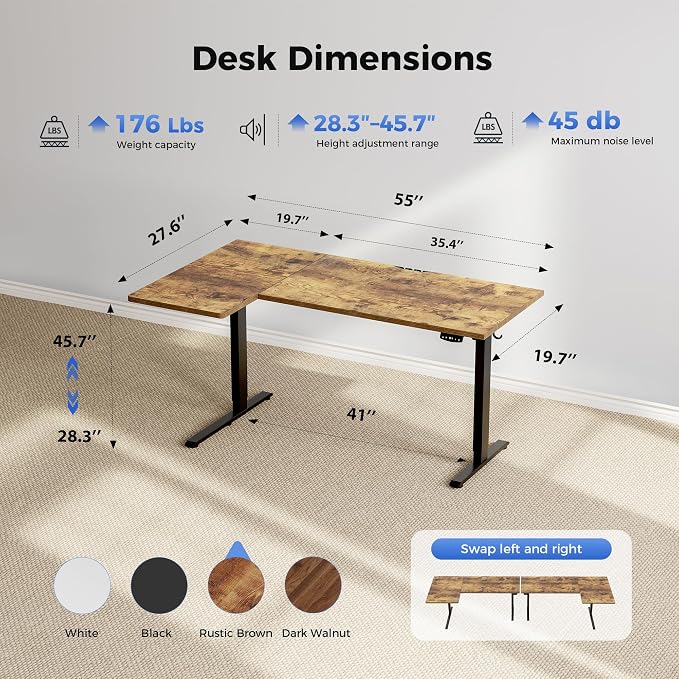 Agilestic 55 * 28 Inch Reversible L Shaped Electric Standing Desk, Brown | Reversible left-right installation, L-shape Workspace, Sturdy Steel Frame, Memory Presets, Hooks, 176 lbs, Easy Assembly - Image 3