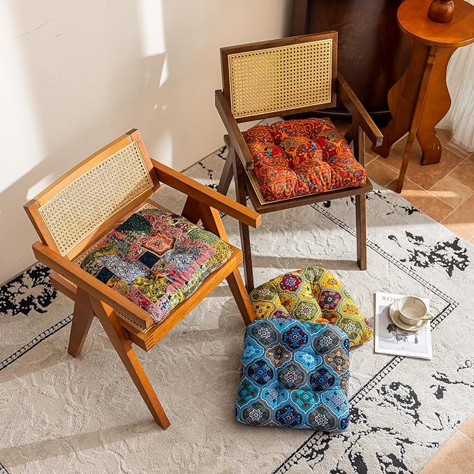 vctops Boho Geometric Chair Cushions with Ties U-Shaped Soft Cozy Cotton Linen Chair Pads Non Slip Seat Cushions for Indoor Dining Room and Kitchen Chairs (Blue,18"x18") - Image 7