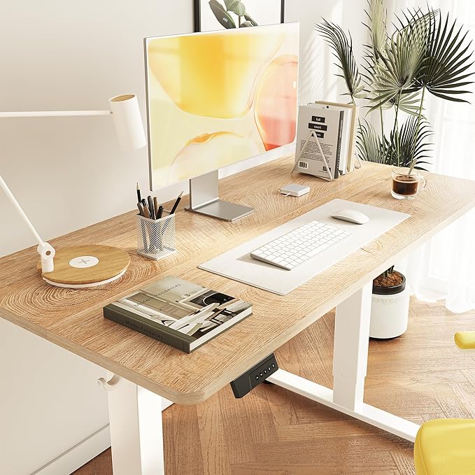 DESINO Standing Desk, 32 × 19 Inches Electric Height Adjustable, Sit and Stand Up, Computer Office Desk with Splice Board, White Frame/Oak TOP - Image 2
