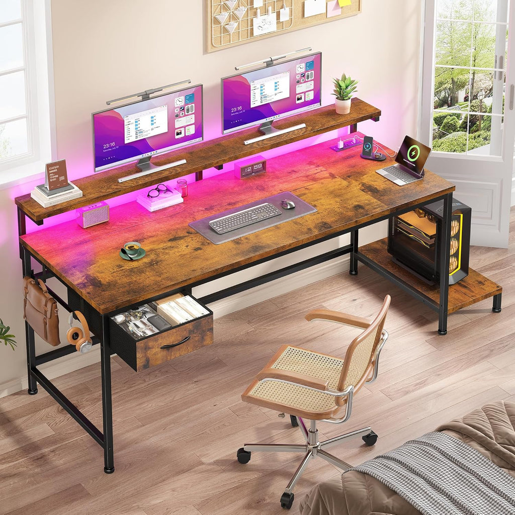 47.2" Office Desk with Power Outlet & Monitor Stand,Rustic Brown - Image 2