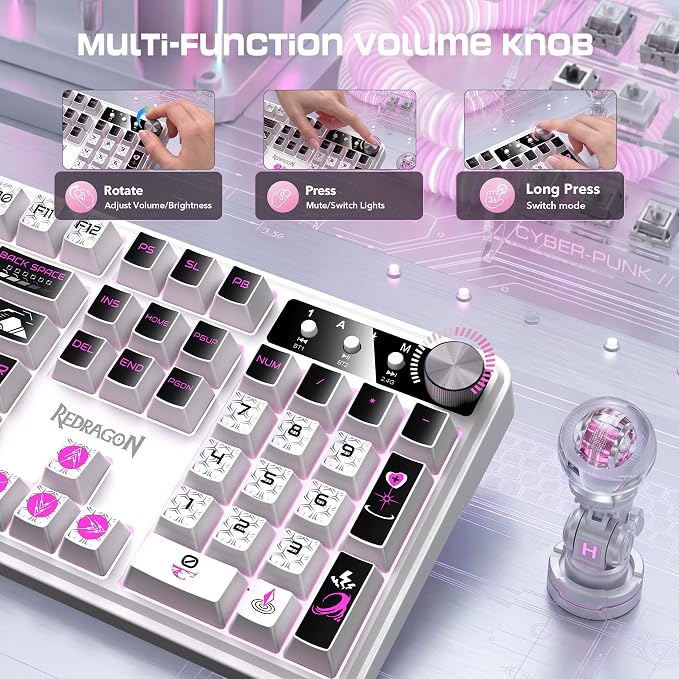 Redragon RM104 Wireless Keyboard with Knob, Tri-Mode BT/2.4G RGB Computer Keyboards, 4000mAh Battery, Programmable Software Support, Anti-Ghosting, Compatible with PC Mac - Pink & White - Image 3