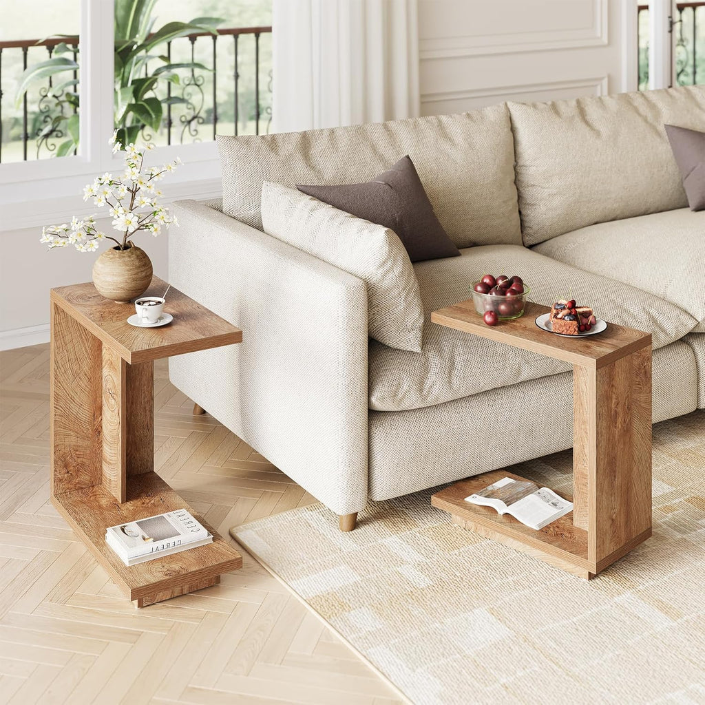 LITTLE TREE C-Shaped Side Table, Narrow 2-Tier End Table for Living Room, Couch, Bedroom, Bedside, Nightstand, Brown - Image 2