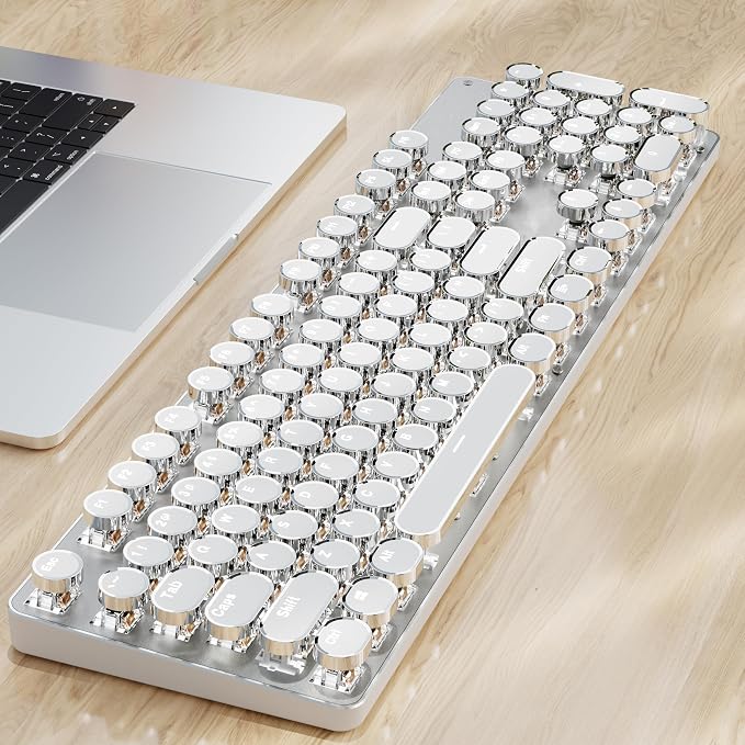 Wireless Typewriter Style Mechanical Keyboard with White Backlit, White | Bluetooth/2.4G/Wired, Clicky Blue Switch, Retro Keycaps, Rechargeable, Aesthetic Set for Mac, Windows, PC（EWEADN） by SEUNKWANG