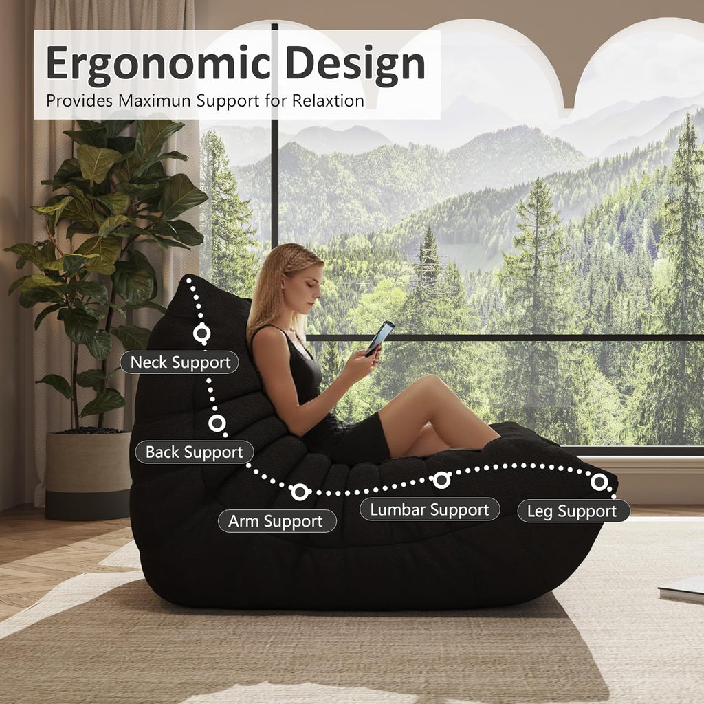 Giant Bean Bag Chair for Adults,Comfy Lazy Fireside Accent Chair with Memory Foam,Cozy Single Floor Sofa Couch Boneless Chaise Lounge for Living Room Bedroom Gaming Room(Black,1Seater) - Image 3