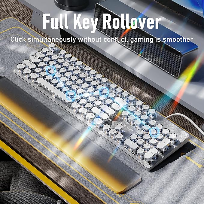 SEUNKWANG EWEADN TK100 Typewriter Style Wired Mechanical Keyboard, 104 Keys Aesthetic Typewriter Keyboard with White Backlit, Anti-Ghosting, Blue Switch Wired Cute Keyboards-White - Image 5