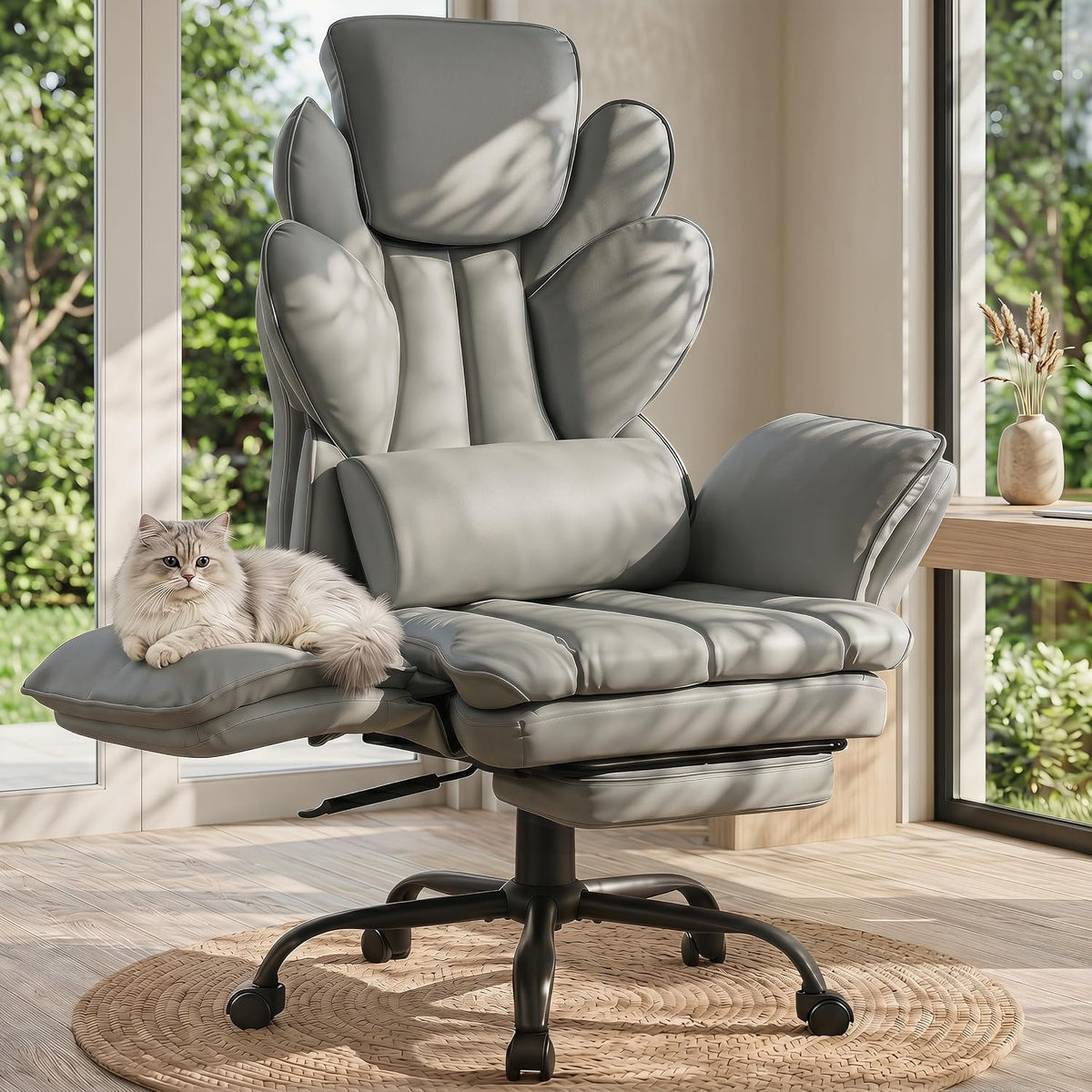 Flip Armrests Criss Cross Office Chair, Reclining Office Chair with Foot Rest, Adjustable Headrest, Massage Waist Pillow, Cross Legged Big and Tall Desk Chair Wide Seat Vanity Chair, Grey PU Leather by Sofayonn