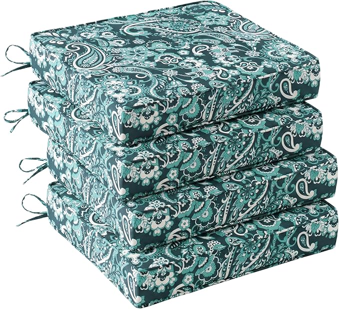 UNIKOME Outdoor Chair Cushions Set of 4, Water Resistant Patio Seat Cushions with Ties for Outdoor Furniture, High-Density Foam, UV & Fade Resistant, Piped Edge – 19" x 19" x 3", Boho Teal Paisley by UNIKOME