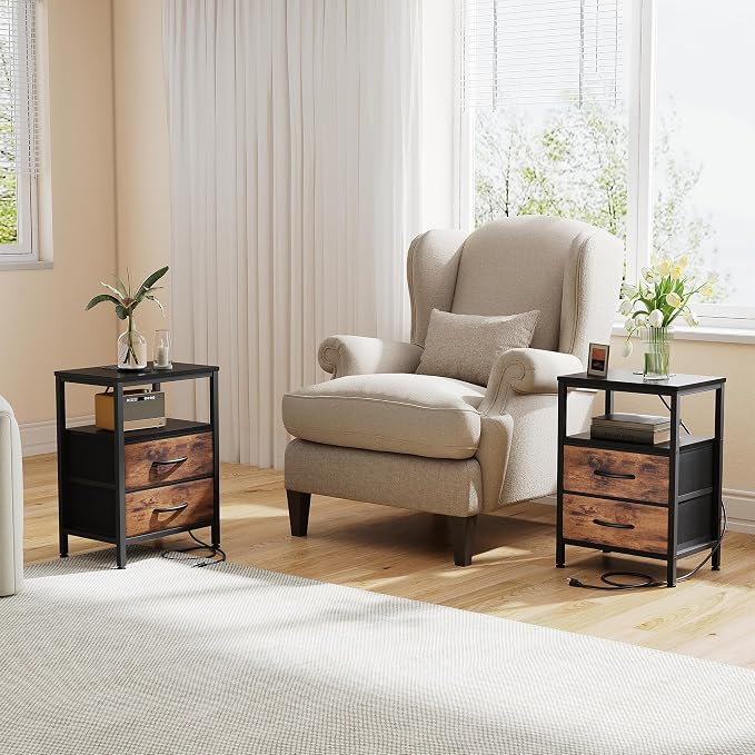OLIXIS Nightstand with Charging Station, Beside Table with Fabric Drawers | 3-Tier End Table Set of 2 with Storage Shelf, Night Stand with USB Ports and Outlets for Bedroom, Rustic Brown and Black - Image 2
