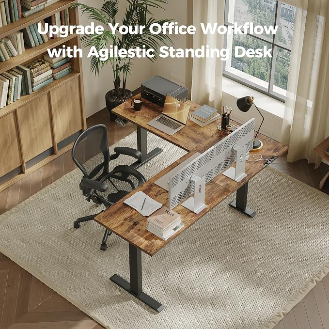 Agilestic L Shaped Standing Desk Adjustable Height, 63 Inch, Rustic Brown | Electric Height Adjustable, Spacious Corner Desktop, Sturdy Steel Frame, Memory Presets, 176 lbs, Splice Board - Image 3