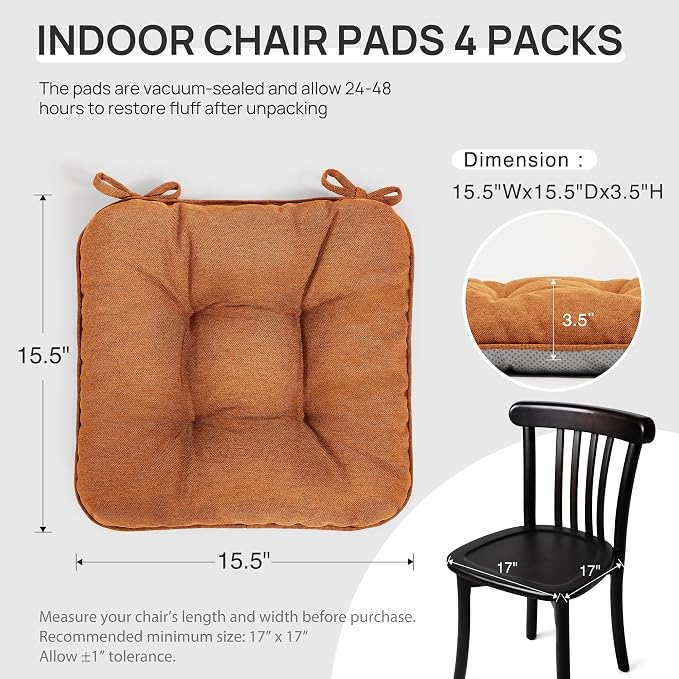 Love's cabin Memory Foam Chair Cushions Set of 4, 15.5 Inch, Terracotta | 15.5"x15.5"x3.5", Indoor & Outdoor Chair Seat Pads with Non-slip Bottom and Ties, for Dining, Kitchen, Office and Patio Chair - Image 2