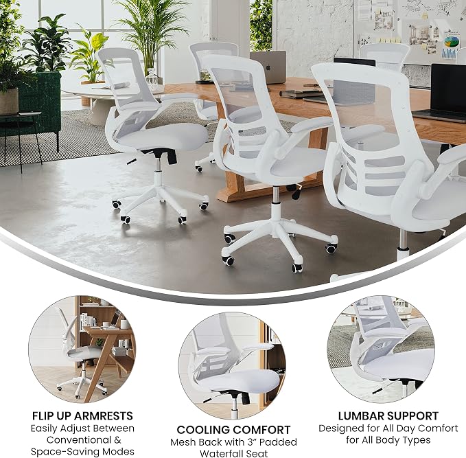 Flash Furniture Mid-Back White Mesh Swivel Ergonomic Task Office Chair with White Frame and Flip-Up Arms | White Frame, Mid-Back, Flip-Up Arms, Mesh Back - Image 4