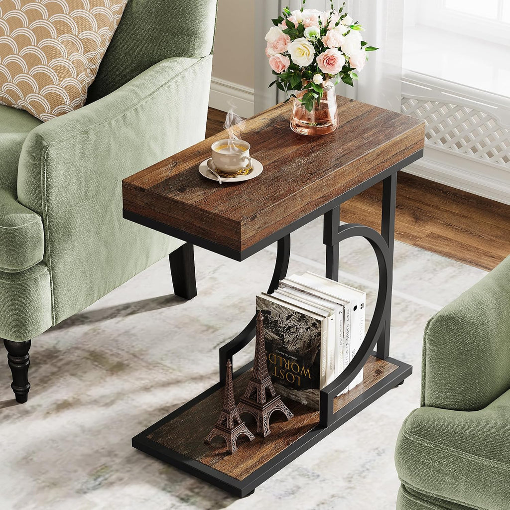Tribesigns Side Table Set of 2 Narrow Side Table Brown Black C Shaped End Table Modern Bedside Tables for Couch, Small Sofa Tables with Metal Frame for Living Room (2, Rustic Brown+Black) - Image 4