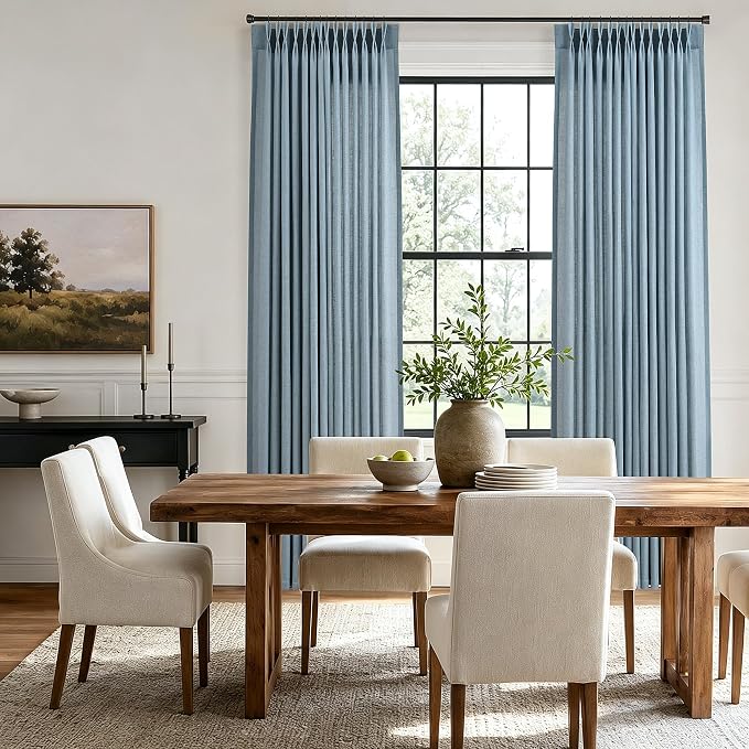 Hokibero Blue Pinch Pleated Linen Curtains 96 Inch Long for Living Room | Light Filtering Sheer Curtain,Pinch Pleat Back Tab Hooks Rings,Farmhouse Textured Privacy Drapes for Bedroom Window,2 Panels - Image 3