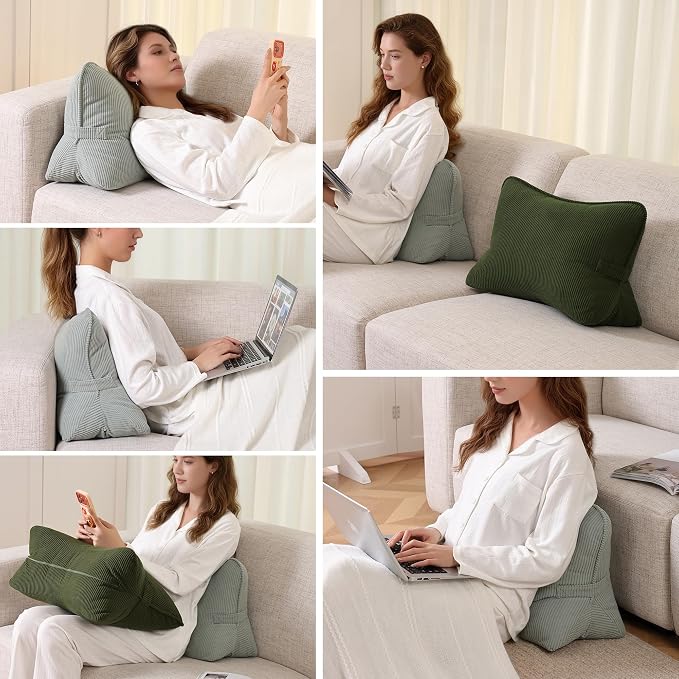 Pat. Pend. Corduroy Lumbar Support Back Pillow for Sitting Up & Reading, Ergonomic Triangle Back Support Cushion for Sofa, Armchair & Bed, Removable Washable Cover, Grey Green - Image 8