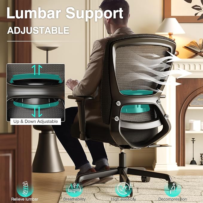 Mesh Office Chair,Ergonomic Computer Desk Chair,Sturdy Task Chair- Adjustable Lumbar Support & Armrests,Tilt Function,Comfort Wide Seat,Swivel Home Office Chair (Noir Black) - Image 2