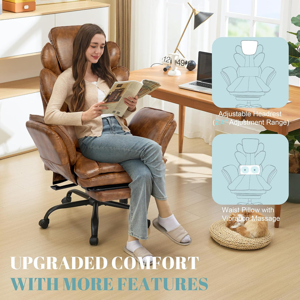 Flip Armrests Criss Cross Office Chair, Reclining Office Chair with Foot Rest, Adjustable Headrest, Massage Waist Pillow, Cross Legged Big and Tall Desk Chair Wide Seat Vanity Chair, Brown PU Leather - Image 4