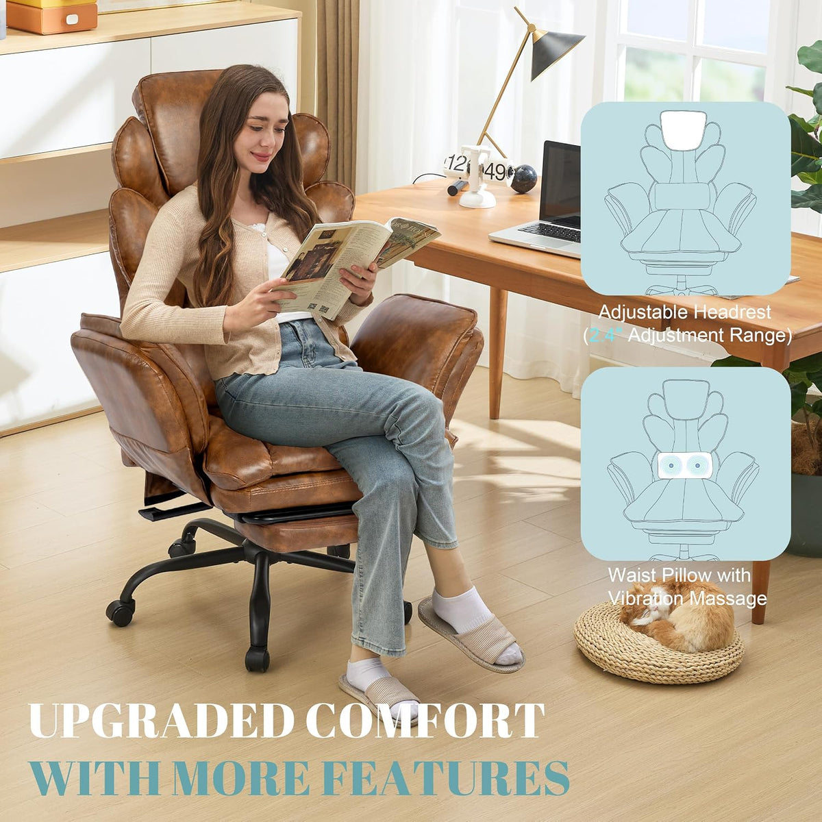 Flip Armrests Criss Cross Office Chair, Reclining Office Chair with Foot Rest, Adjustable Headrest, Massage Waist Pillow, Cross Legged Big and Tall Desk Chair Wide Seat Vanity Chair, Brown PU Leather - Image 4