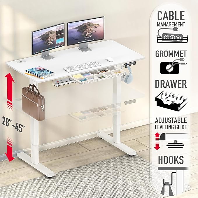 SHW 48-Inch Electric Height Adjustable Standing Desk w/Drawer, White | w/ Memory Presets and Cable Management | Drawer with adjustable compartments | Hanging Hooks - Image 4
