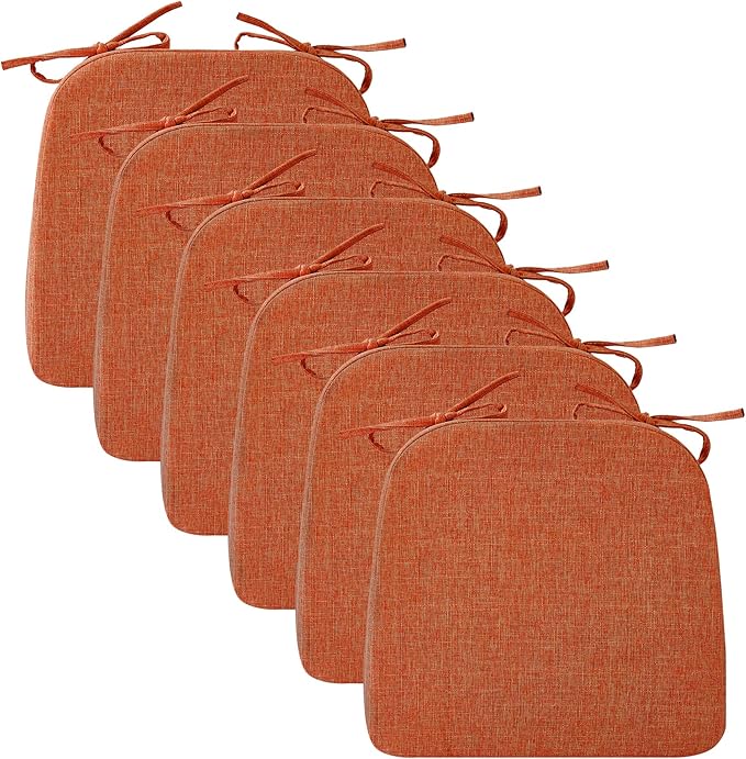 Ruqmuis Chair Cushions for Dining Chairs, 2" Thick Seat Cushions for Kitchen Chairs, D-Shaped Chair Pads with Washable Cover, Ties and Non Slip Backing, 17'' x 16'', Set of 6, Orange by Ruqmuis
